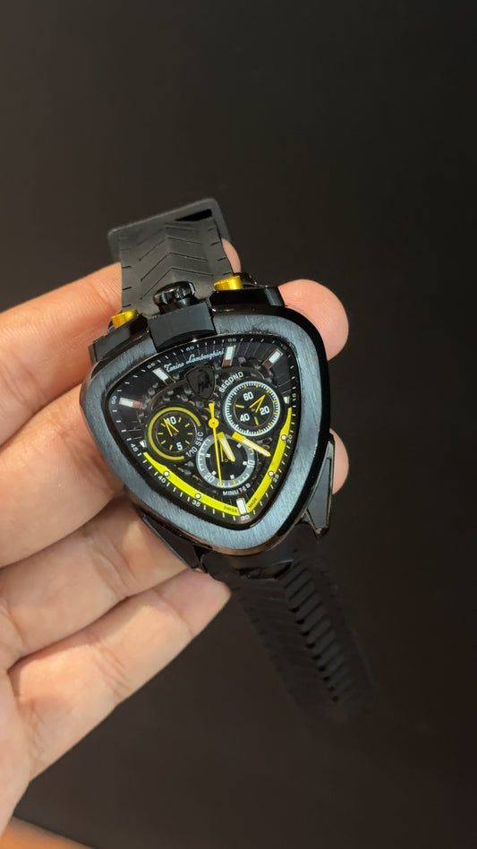 Lamborghini | Black Bezel | Chrono | Black Strap | Black Yellow Dial