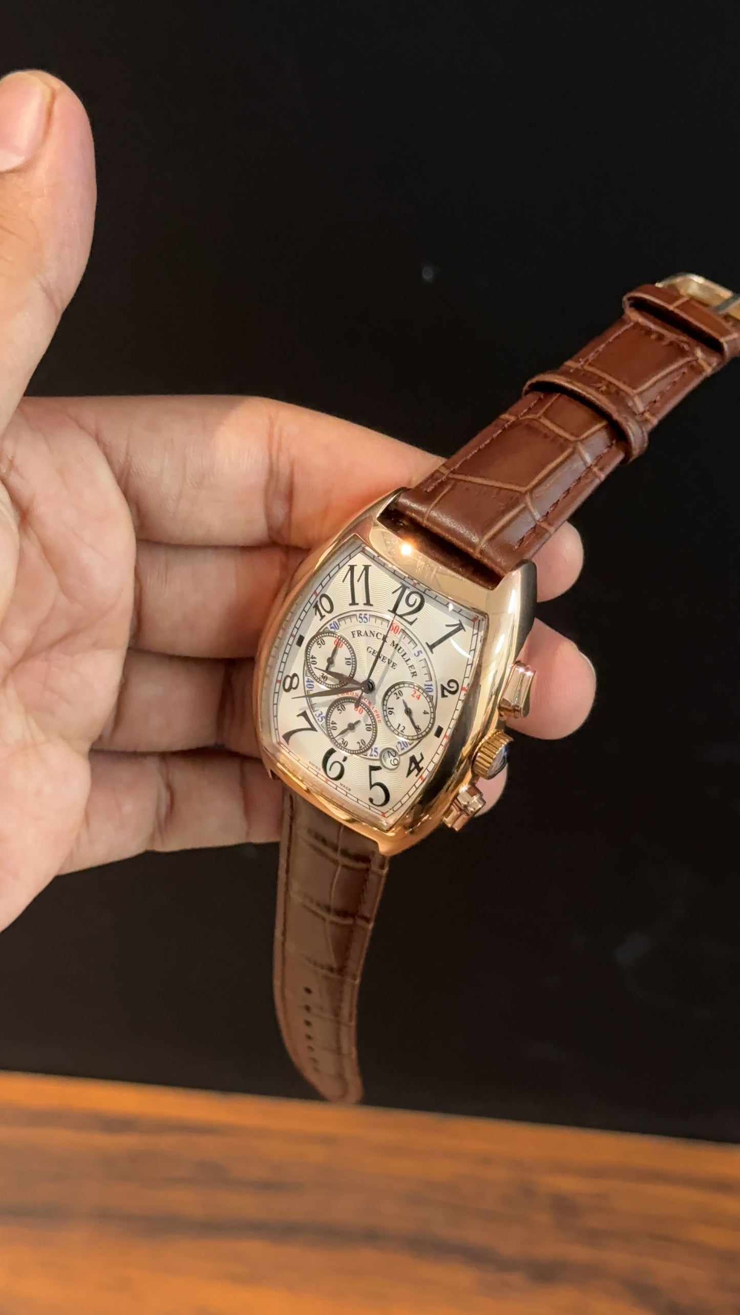 Franck muller Rose | Brown Leather Strap | Black Red Chrono | White Dial