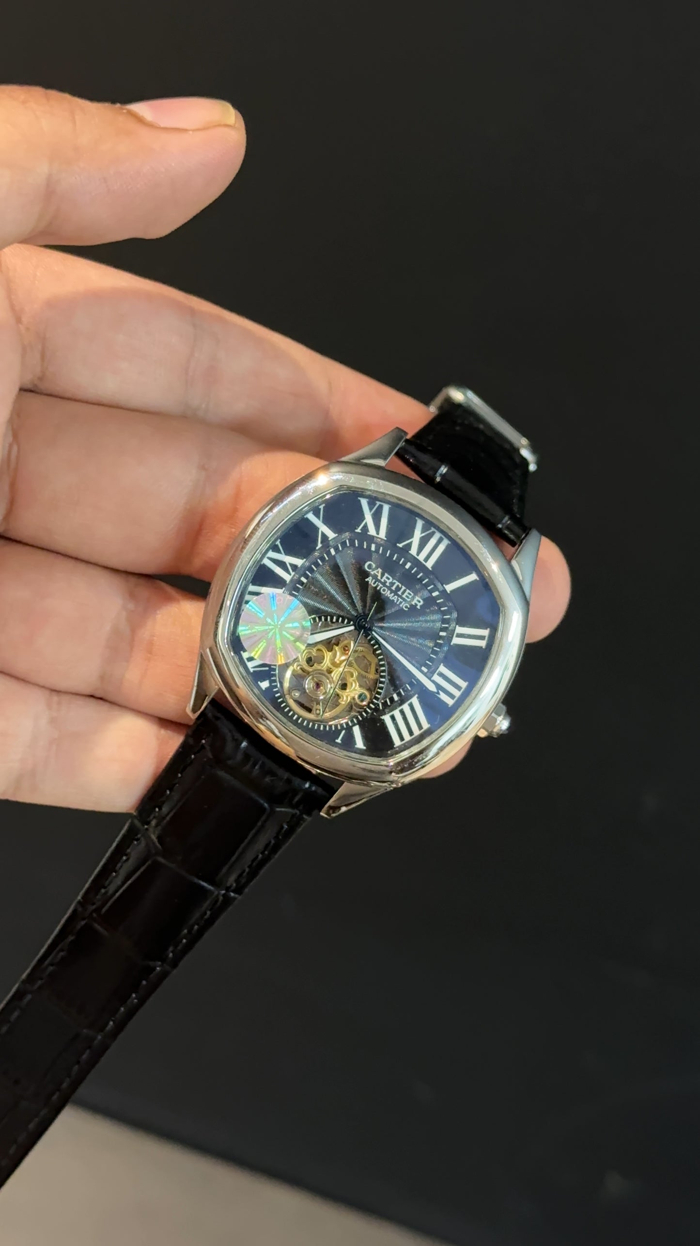 Cartier | Silver Square Bezel | Pendulum | Black Strap | Black Index Dial