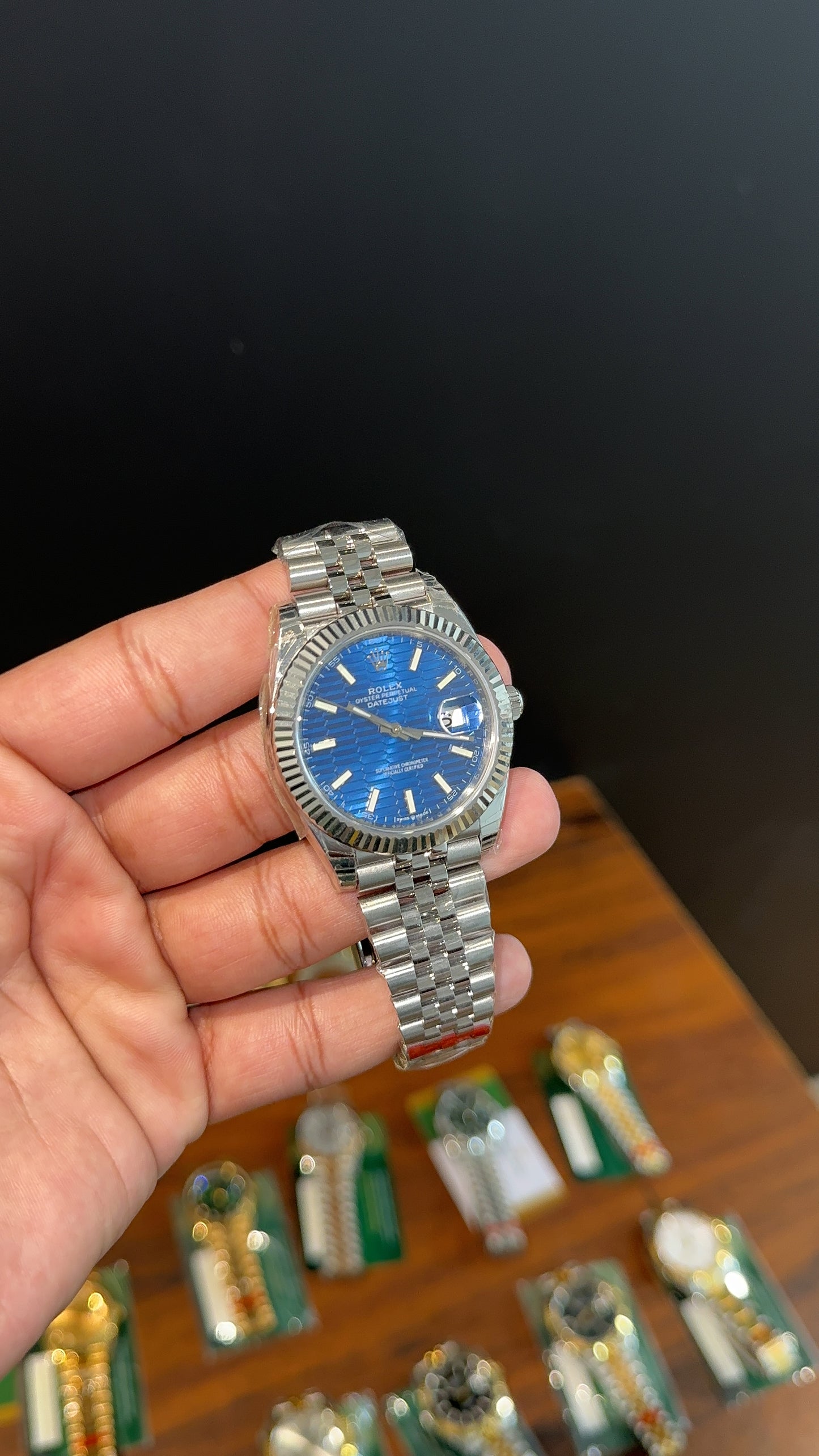 Premium Datejust | 40mm | Silver Chain | Blue Textured Dial