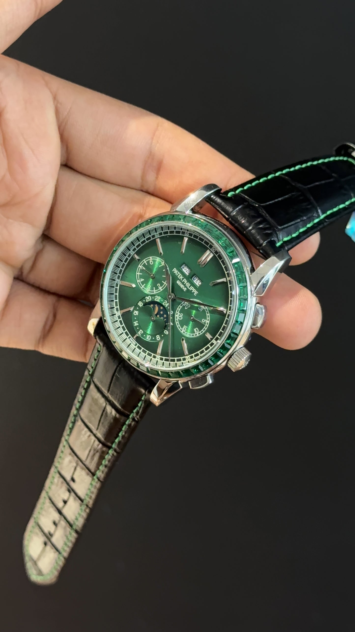 Patek Century | Auto | Silver | Green Diamond Bezel | Black Leather Strap | Green Index Dial