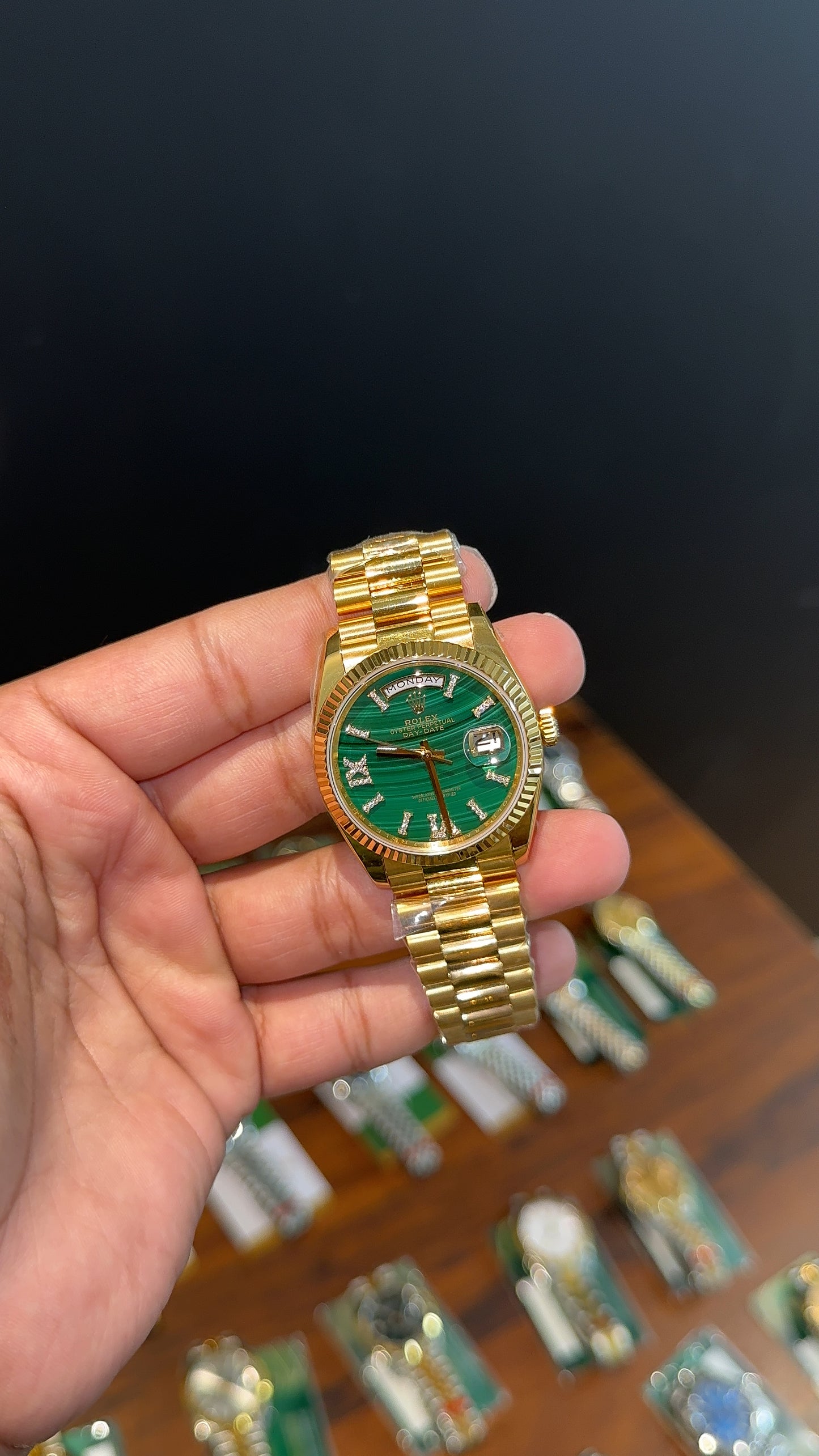 Premium Daydate | 36mm | Gold Chain | Platinum Green Diamond Roman Dial