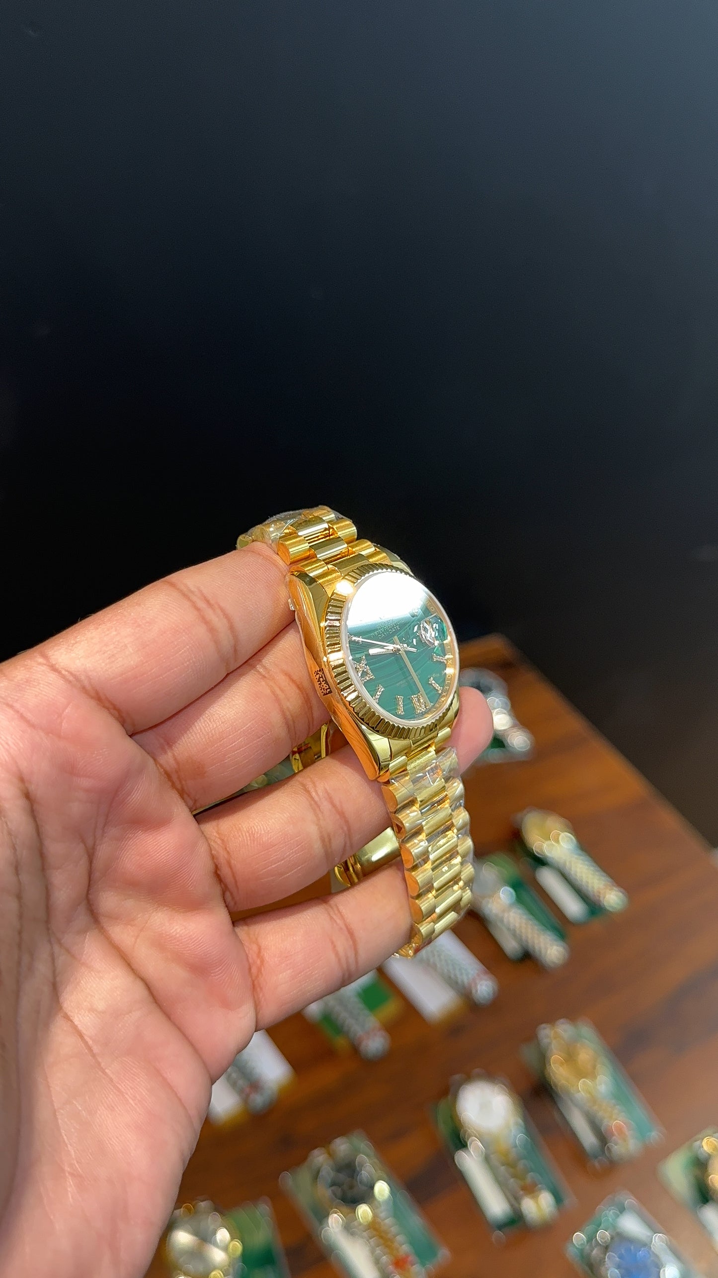 Premium Daydate | 36mm | Gold Chain | Platinum Green Diamond Roman Dial