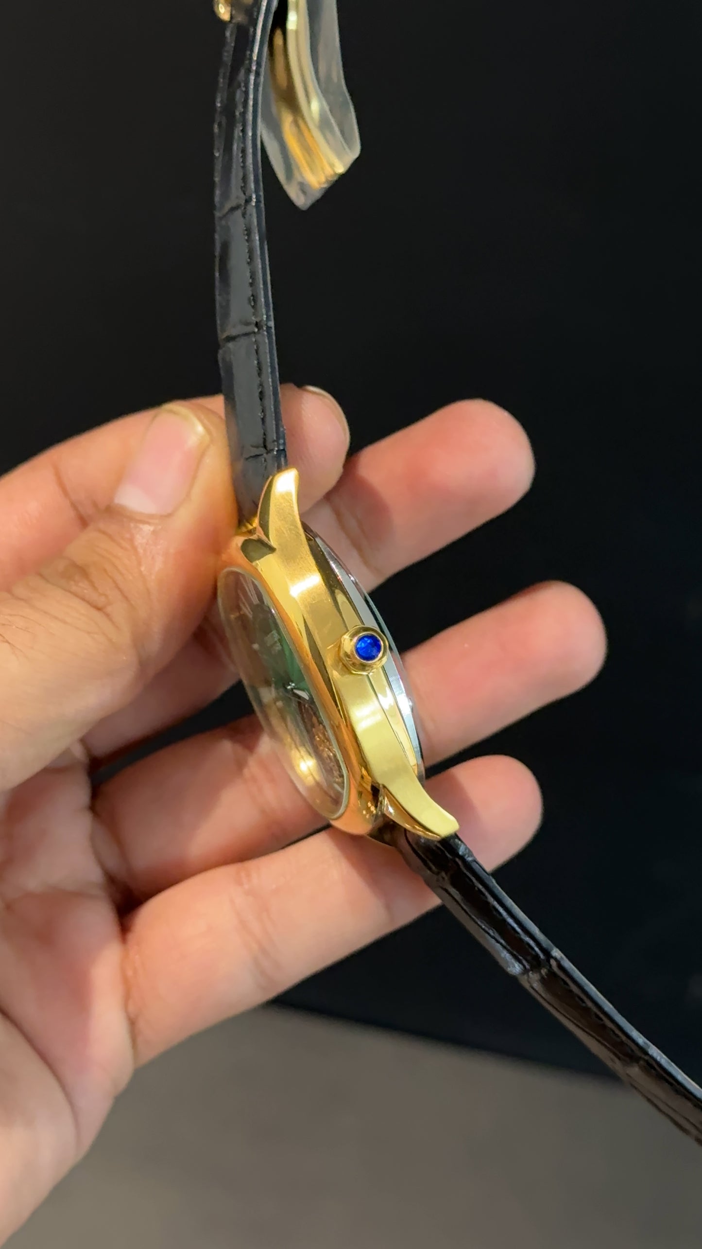 Cartier | Gold Square Bezel | Pendulum | Black Strap | Shady Green Blue Dial