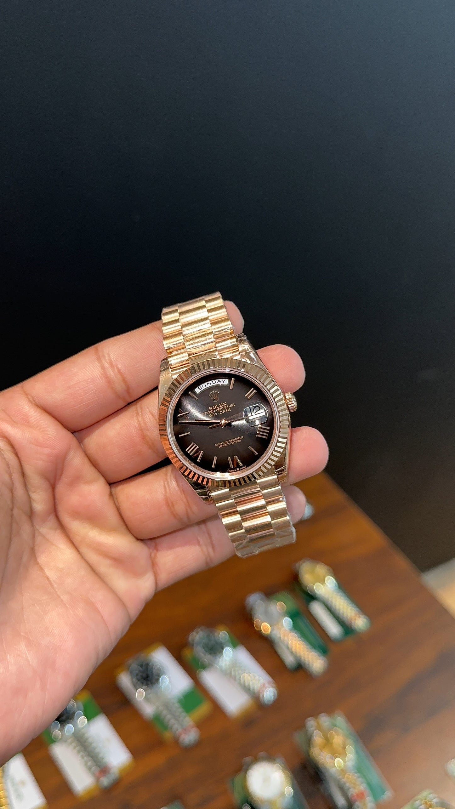 Premium Daydate | 40mm | Rose Chain | New Smoked Black Dial