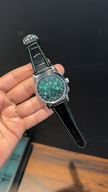 Patek Century | Auto | Silver Case | Green Diamond Dial | Black Leather Strap - twentyfour