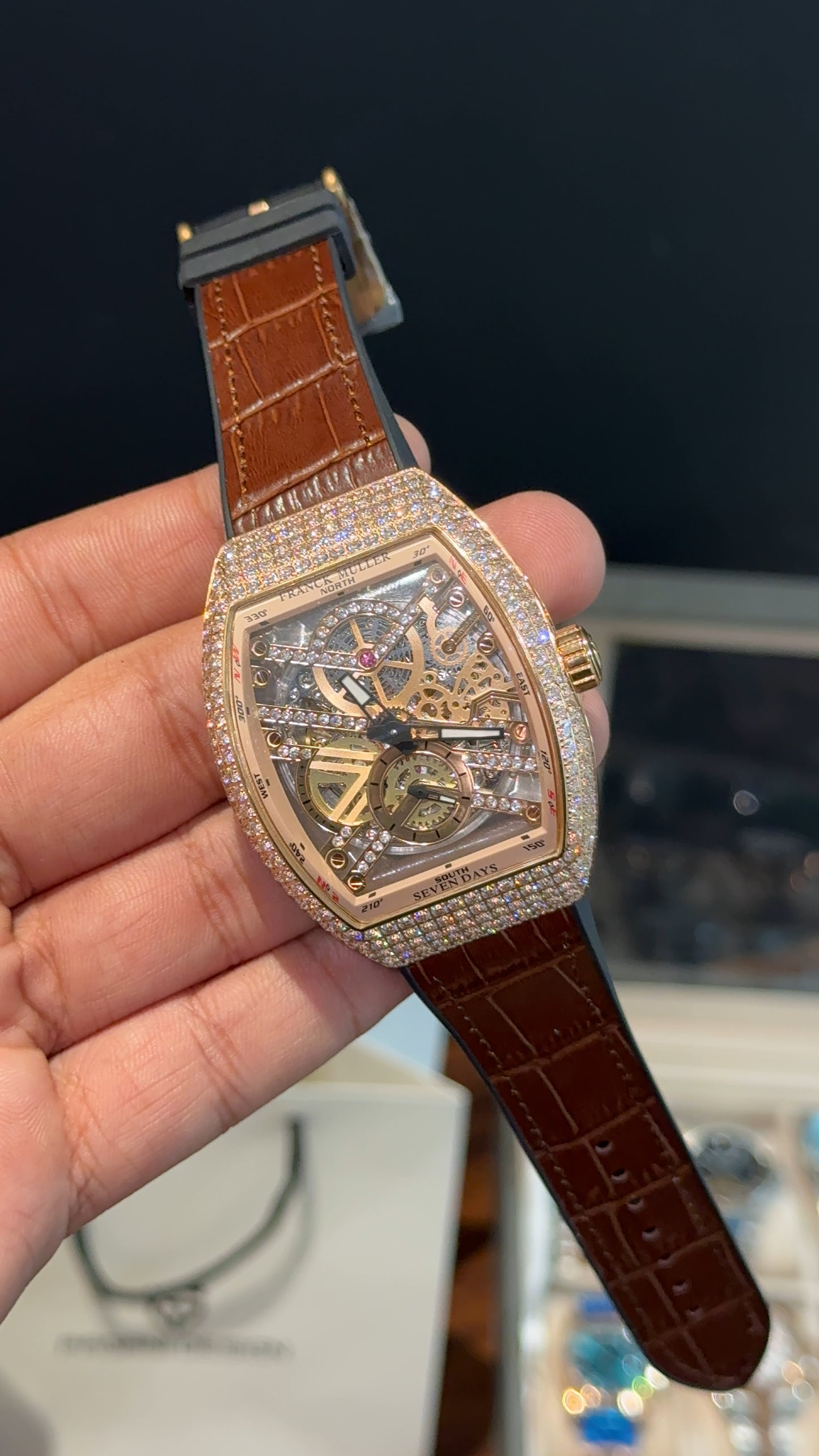 Premium Franck Muller | Curvex Skeleton | Rose Case | Brown Leather Strap | Rose Pearl Dial