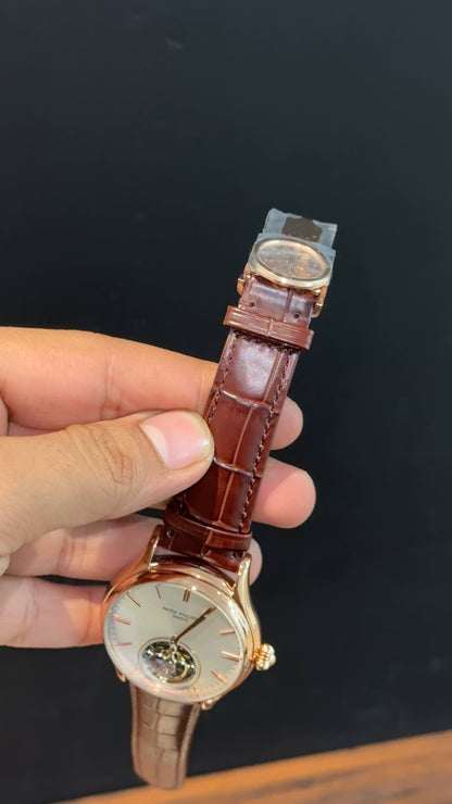 Patek Auto | Rose | Brown Leather Strap | Pendulum | Silver Classic Dial