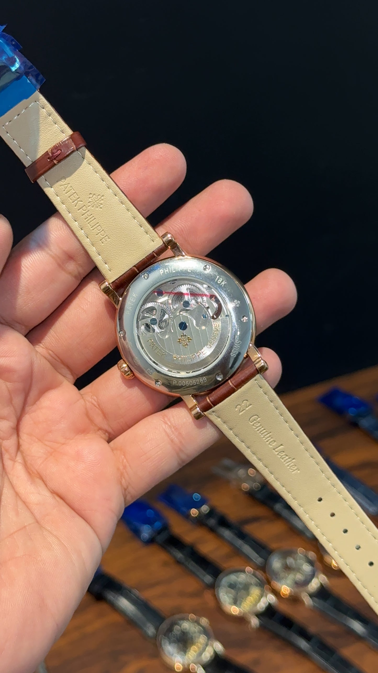 Patek Rose | Moonphase | Pendulum | Brown Leather Strap | Grey Yellow Machine | White Dial