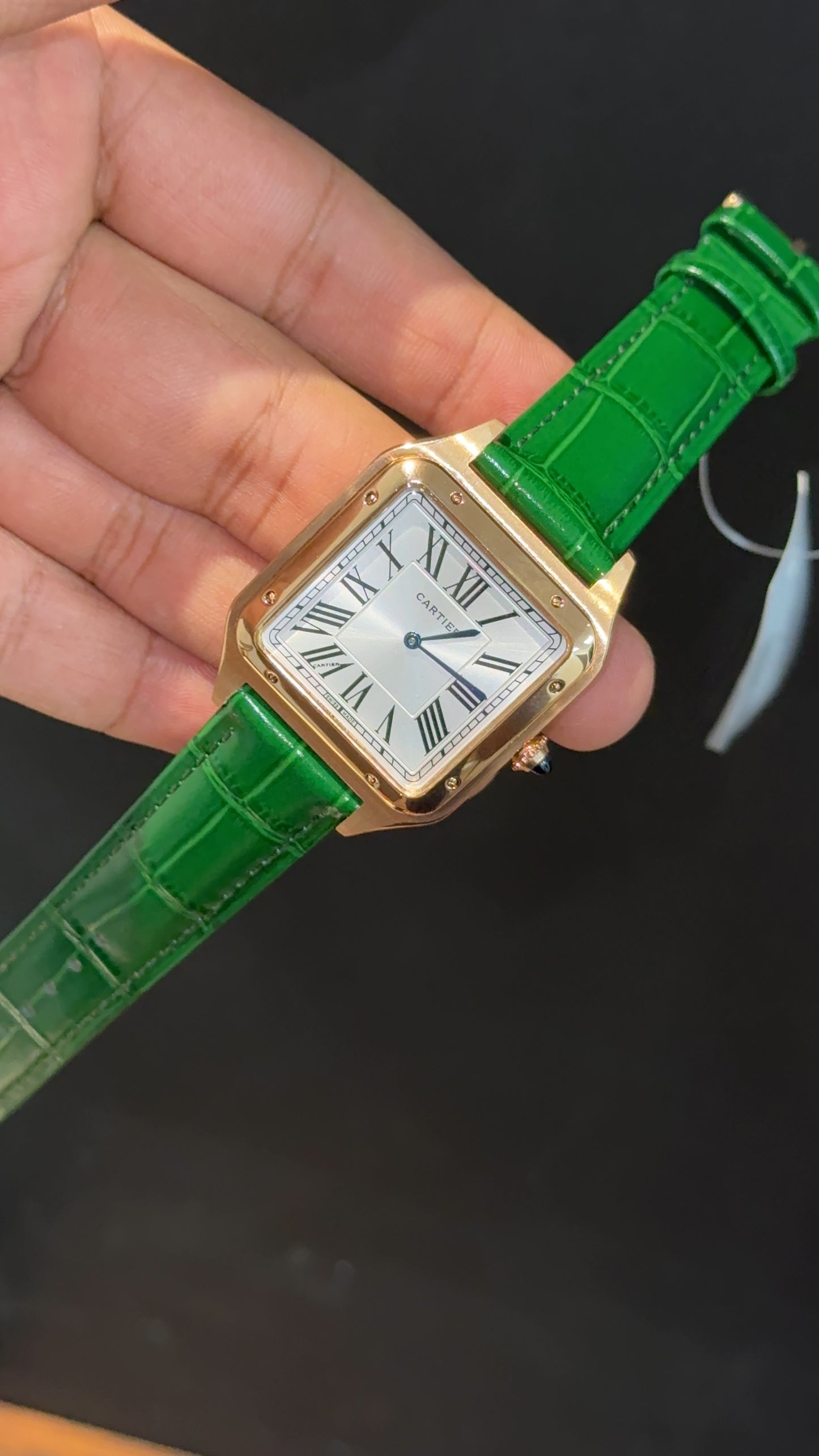 Cartier Santos | Rose Case | Green Dumont Strap | White Dial