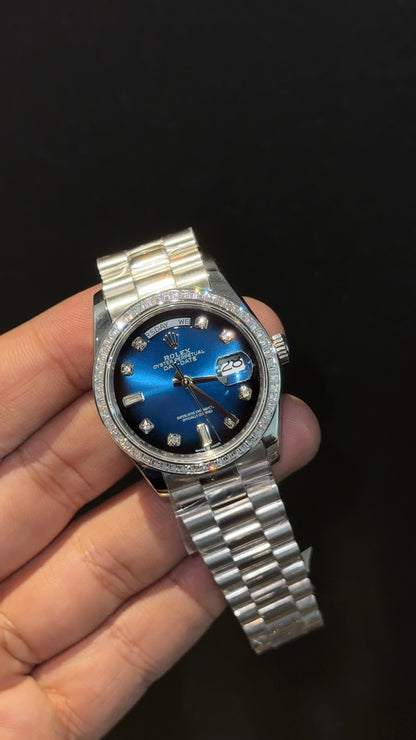 Premium Daydate | Diamond Bezel  | 36mm | Gold Chain | Gradient Blue Diamond Dial