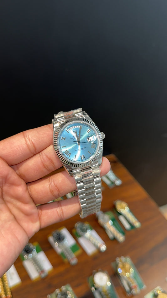 Premium Daydate | 40mm | Silver Chain | Sky Blue Roman Dial