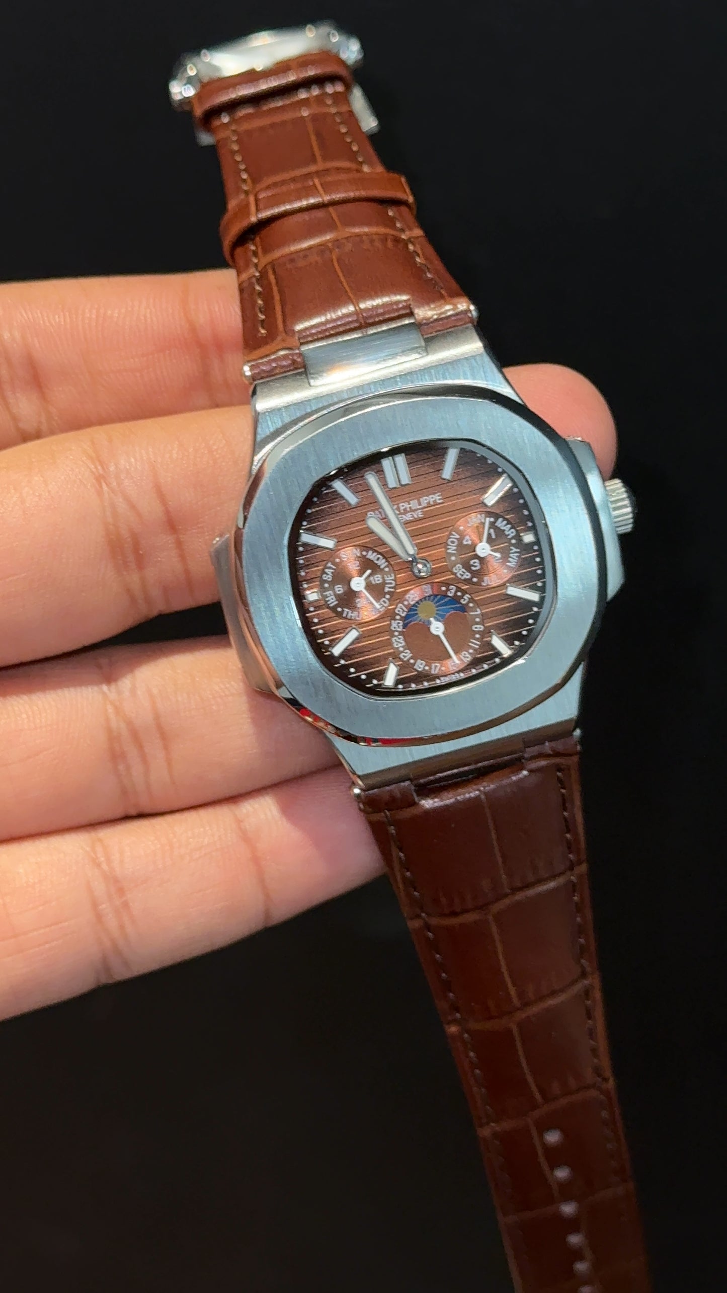 Pp Auto | Moonphase | Chrono | Silver Case | Brown Leather Strap | Choco Brown Dial