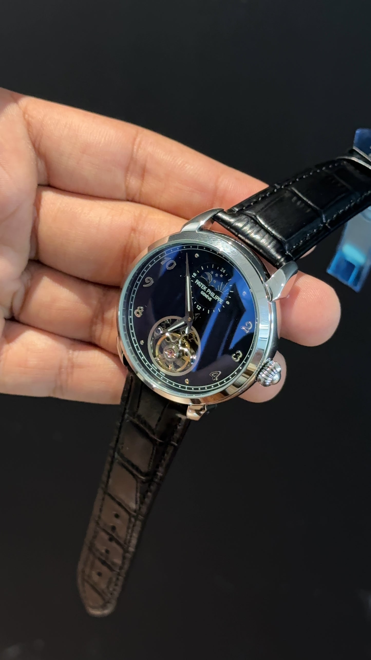 PP Auto | Silver | Pendulum | Moonphase | Black Leather Strap | Black Textured Dial