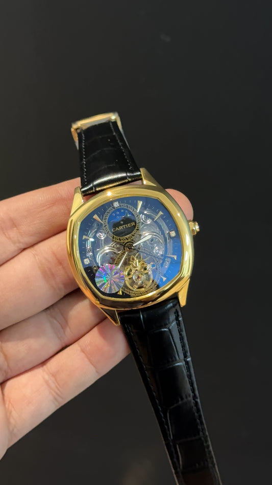 Cartier | Gold | Skeleton | Oval Shape Case | Moonphase | Black Leather Strap |  Black Dial