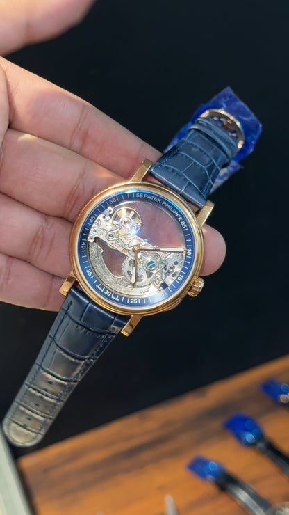 Patek Rose | Blue Leather Strap | Grey Machine | Transparent Dial