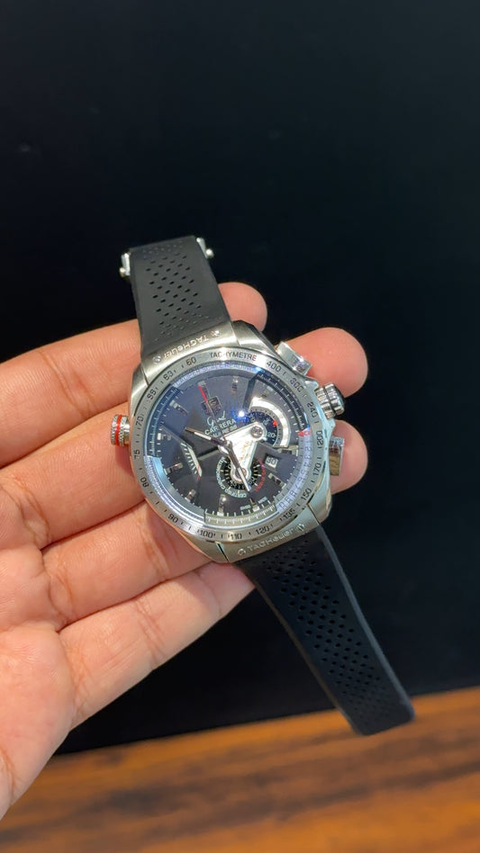 Tag Calibre 38 | Black Strap | Silver Bezel | Chrono | Black Dial