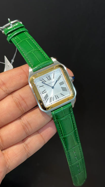 Cartier Santos | Gold Two Tone Case | Green Dumont Strap | White Dial