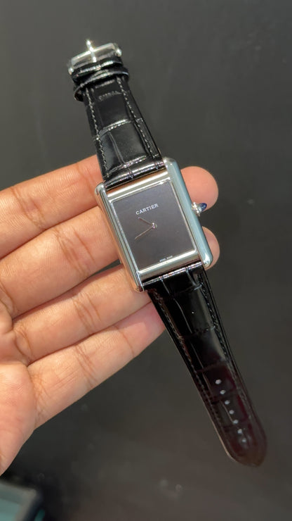 Cartier Tank | Silver | Black Leather Strap | Black Crafted Dial