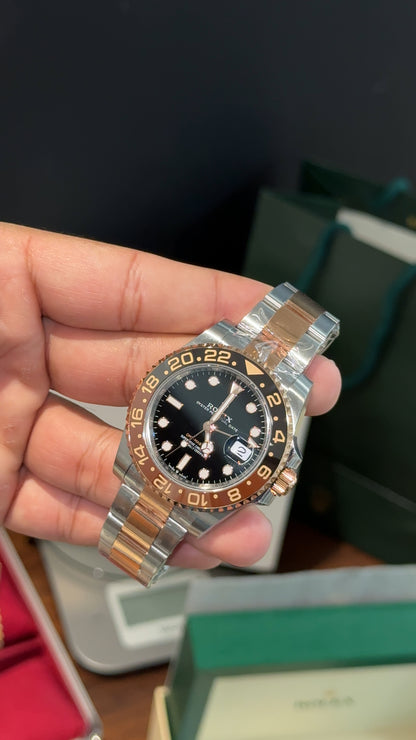 Premium GMT | Rootbear | Rose Two Tone | Oyester Chain | Black Dial