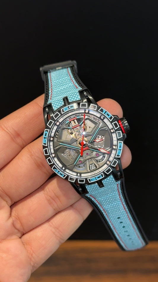 Premium Roger Dubuis | Black | RD630 | Excalibur Spider | Sky Blue Strap | Pendulum | X Grey Dial