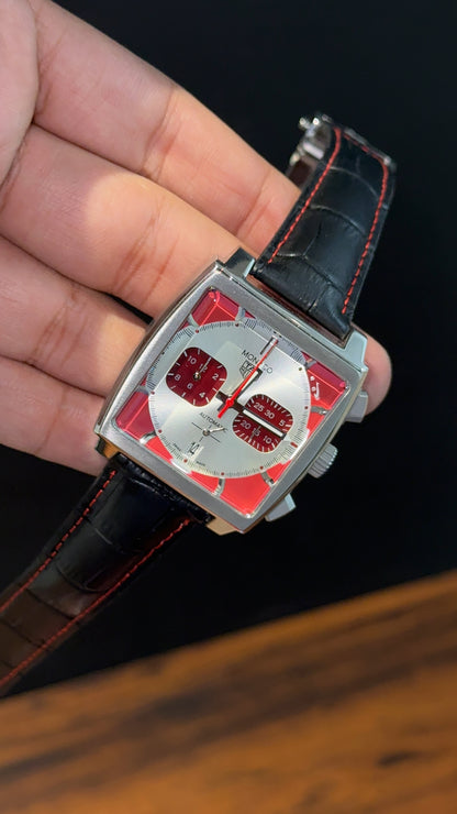 Tag Monaco | Black Leather Strap | Mehron Chrono | Red Silver Dial