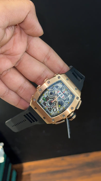 Premium Richard Mille | Rose | RM 11-03 Edition | Black Strap | Skeleton | Chrono | Black Dial