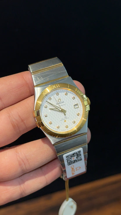 Omega Constellation | Gold Two Tone | Gold Diamond Digit | White Textured Dial