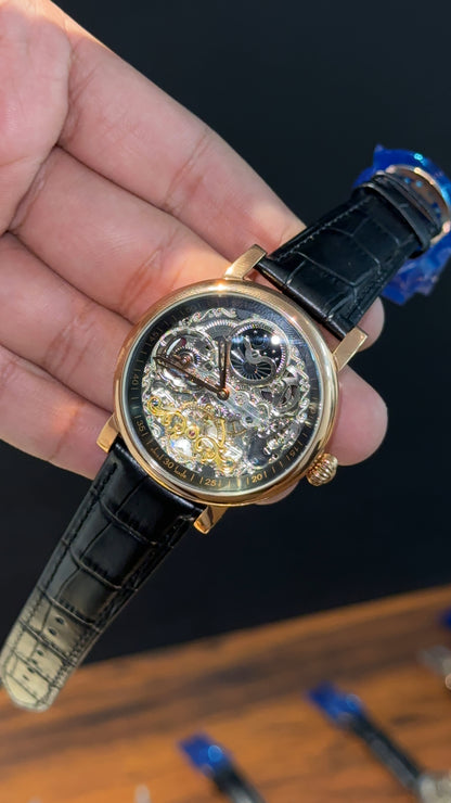 Patek Rose | Black Leather Strap | MoonPhase | Pendulum | Grey Machine | Grey Dial