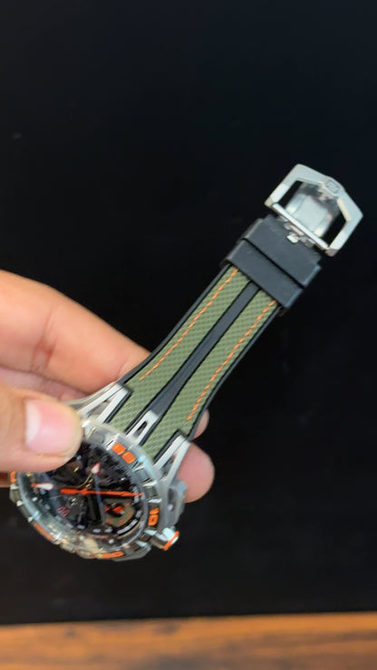 Premium Roger Dubuis | Silver | Excalibur Spider | Green Black Strap | Pendulum | Y Shaped Dial