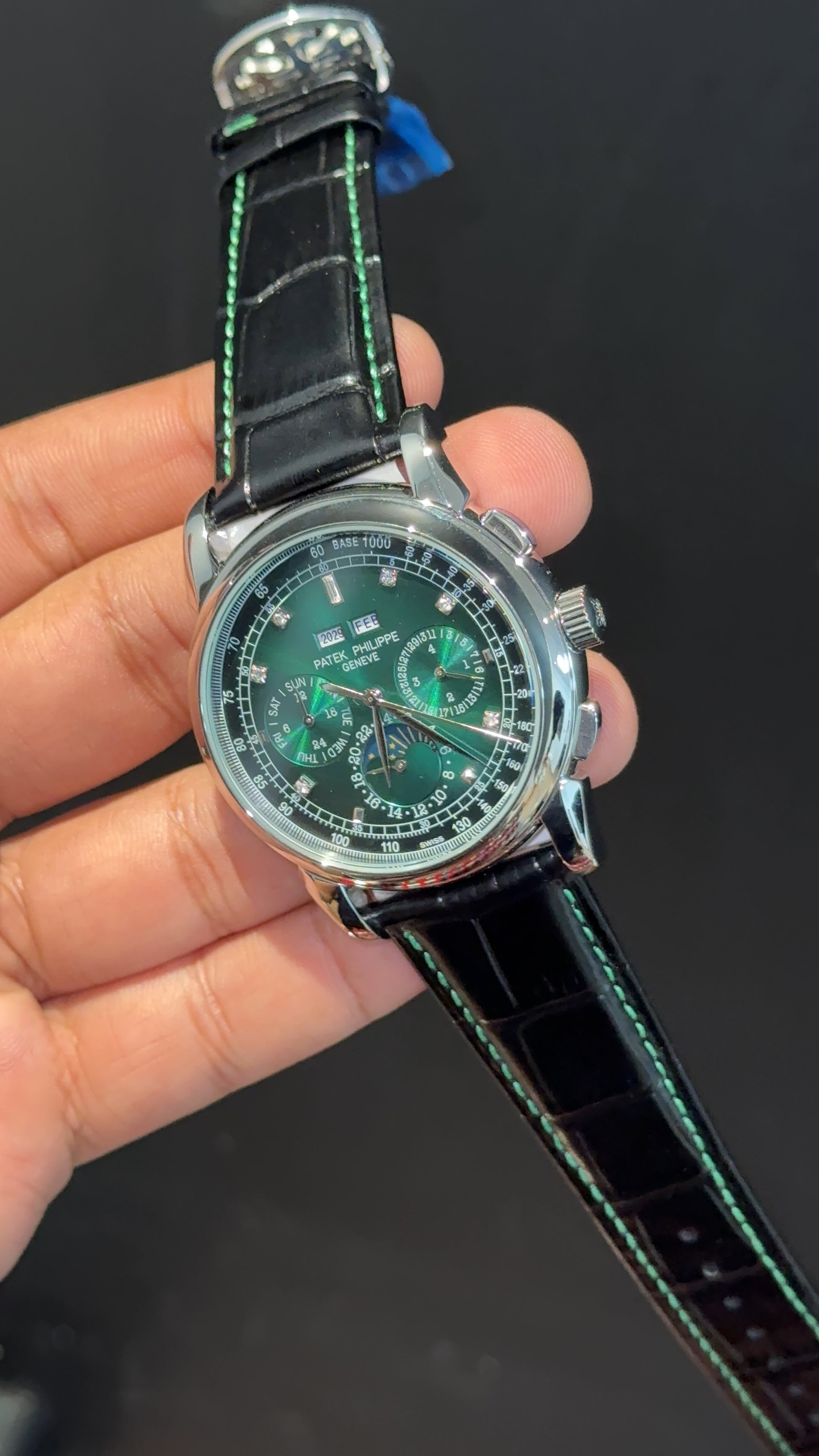 Patek Century | Auto | Silver Case | Green Diamond Dial | Black Leather Strap - twentyfour