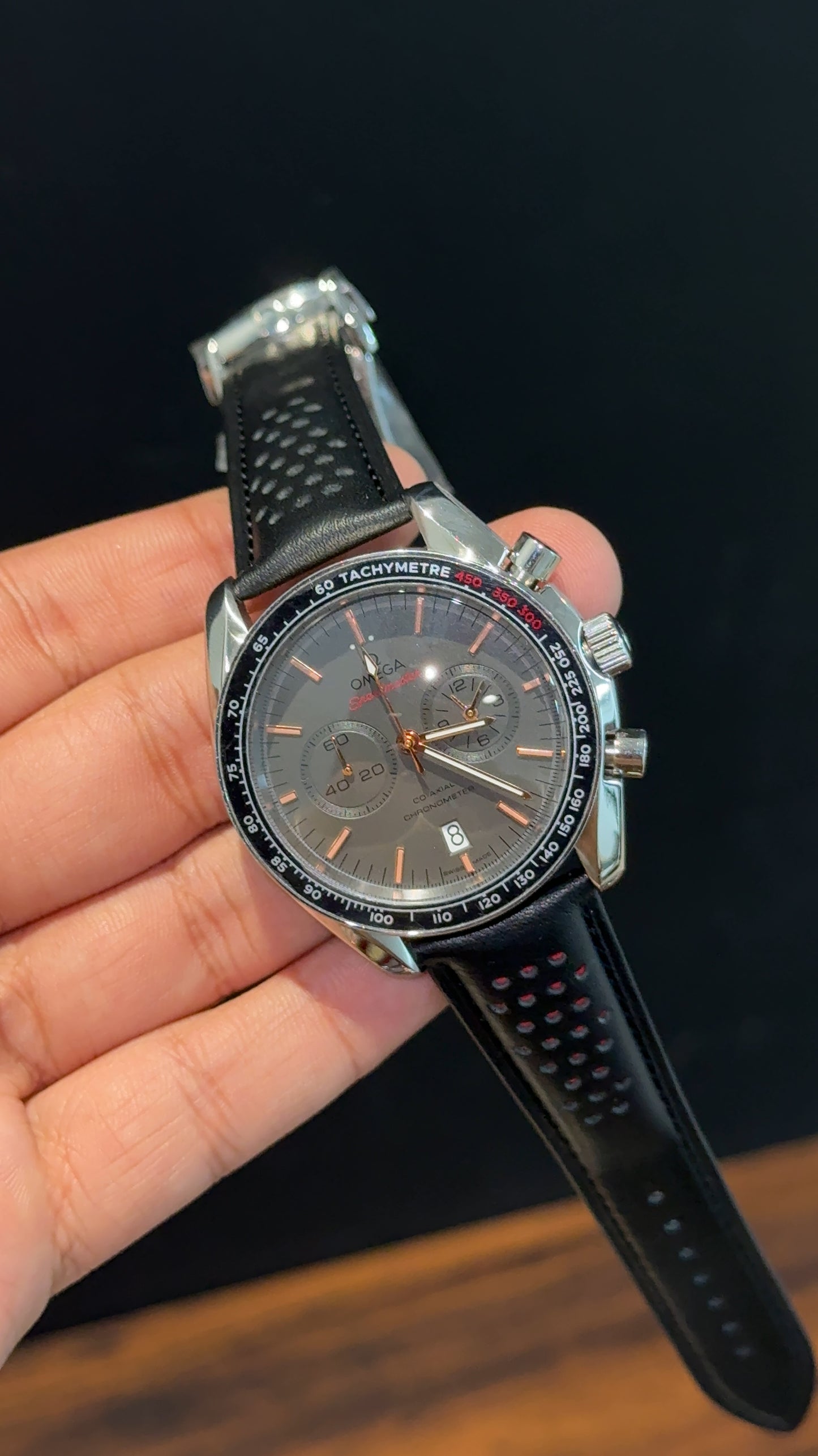 Omega Speedmaster | black Strap | Silver Case | Chrono | Orange Digits | Grey Dial