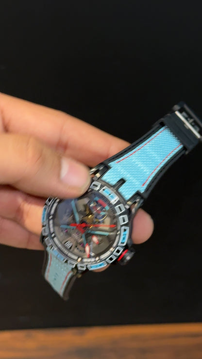 Premium Roger Dubuis | Black | RD630 | Excalibur Spider | Sky Blue Strap | Pendulum | X Grey Dial