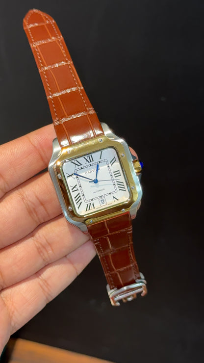 Cartier Santos | Gold TT Case | Brown Strap | White Dial - twentyfour