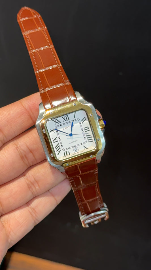 Cartier Santos | Gold TT Case | Brown Strap | White Dial - twentyfour