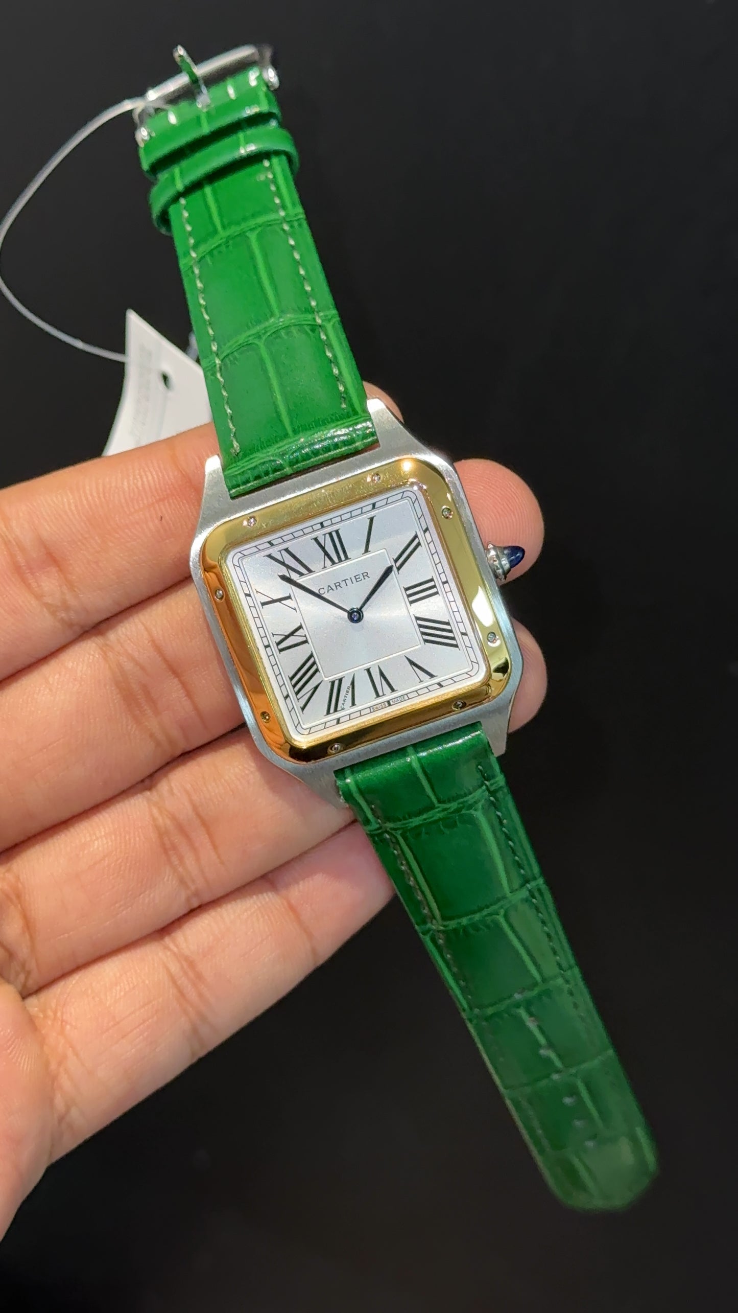 Cartier Santos | Gold Two Tone Case | Green Dumont Strap | White Dial