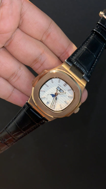 Pp Auto | Moonphase | Yearly Edition | Rose Case | Black Leather Strap | White Dial
