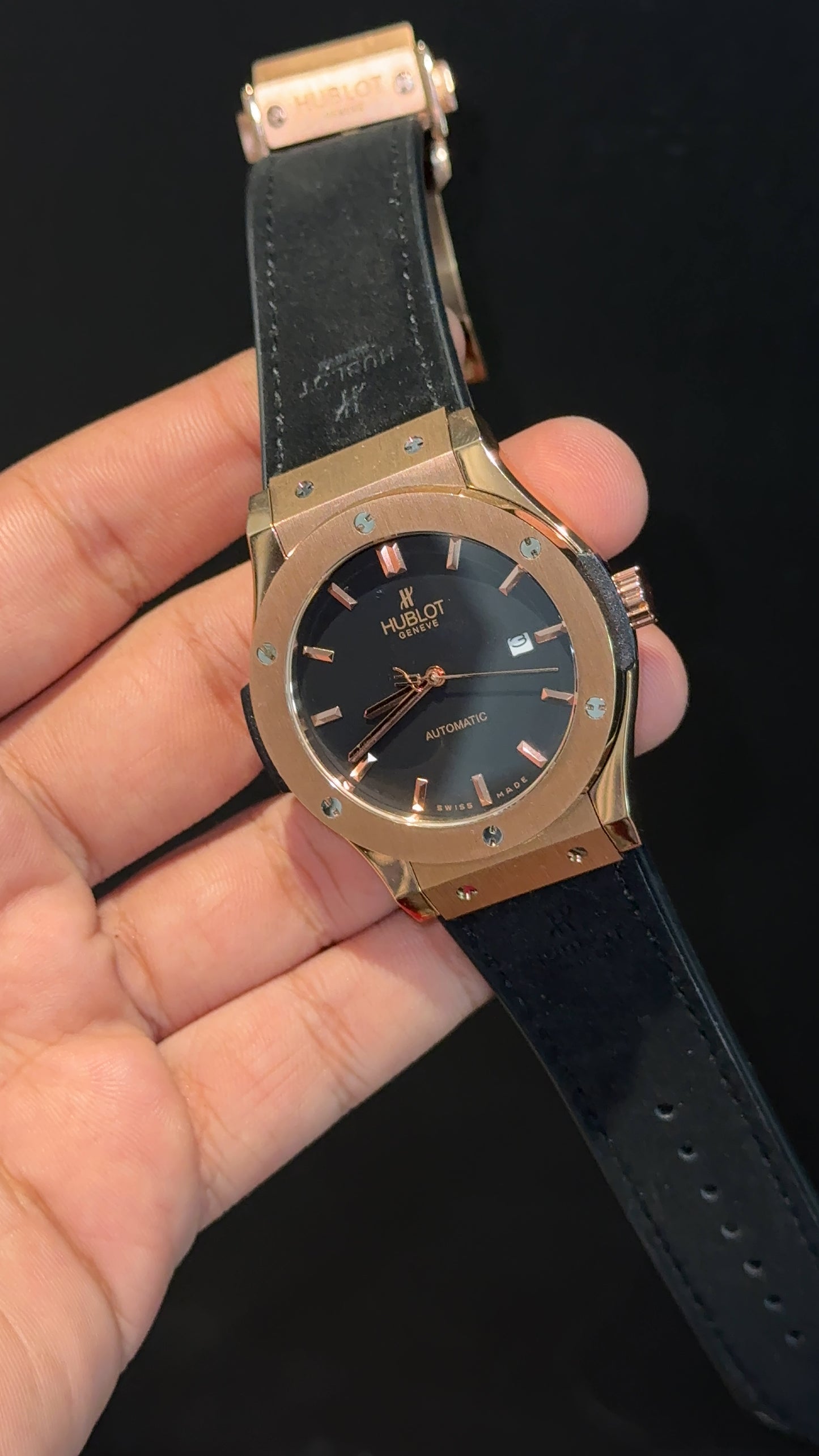 Hublot Auto | Rose Case | Black Strap | Black Dial