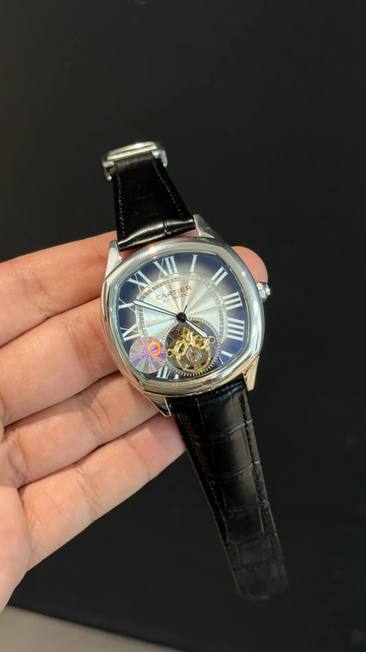 Cartier | Silver Square Bezel | Pendulum | Black Strap | Shady White Index Dial