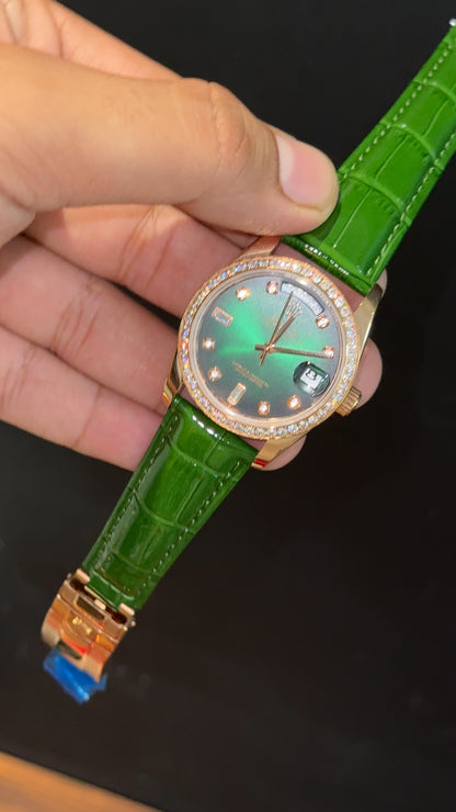 Daydate | 36mm | Rose Diamond Case | Green Leather Strap | Gradiend Green Dial - twentyfour