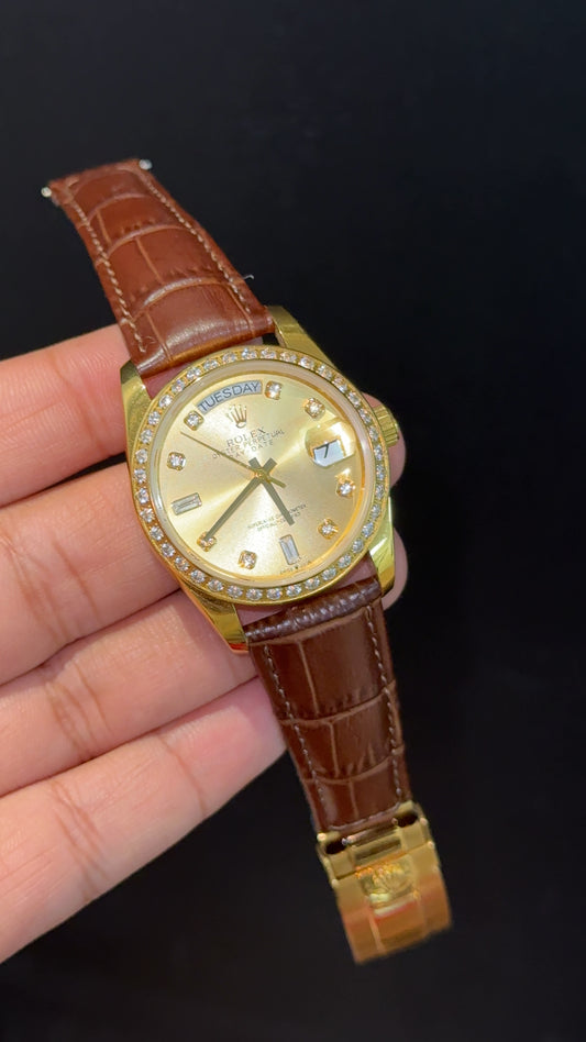 Daydate | 36mm | Gold Diamond Case | Brown Leather Strap | Gold Diamond Dial - twentyfour