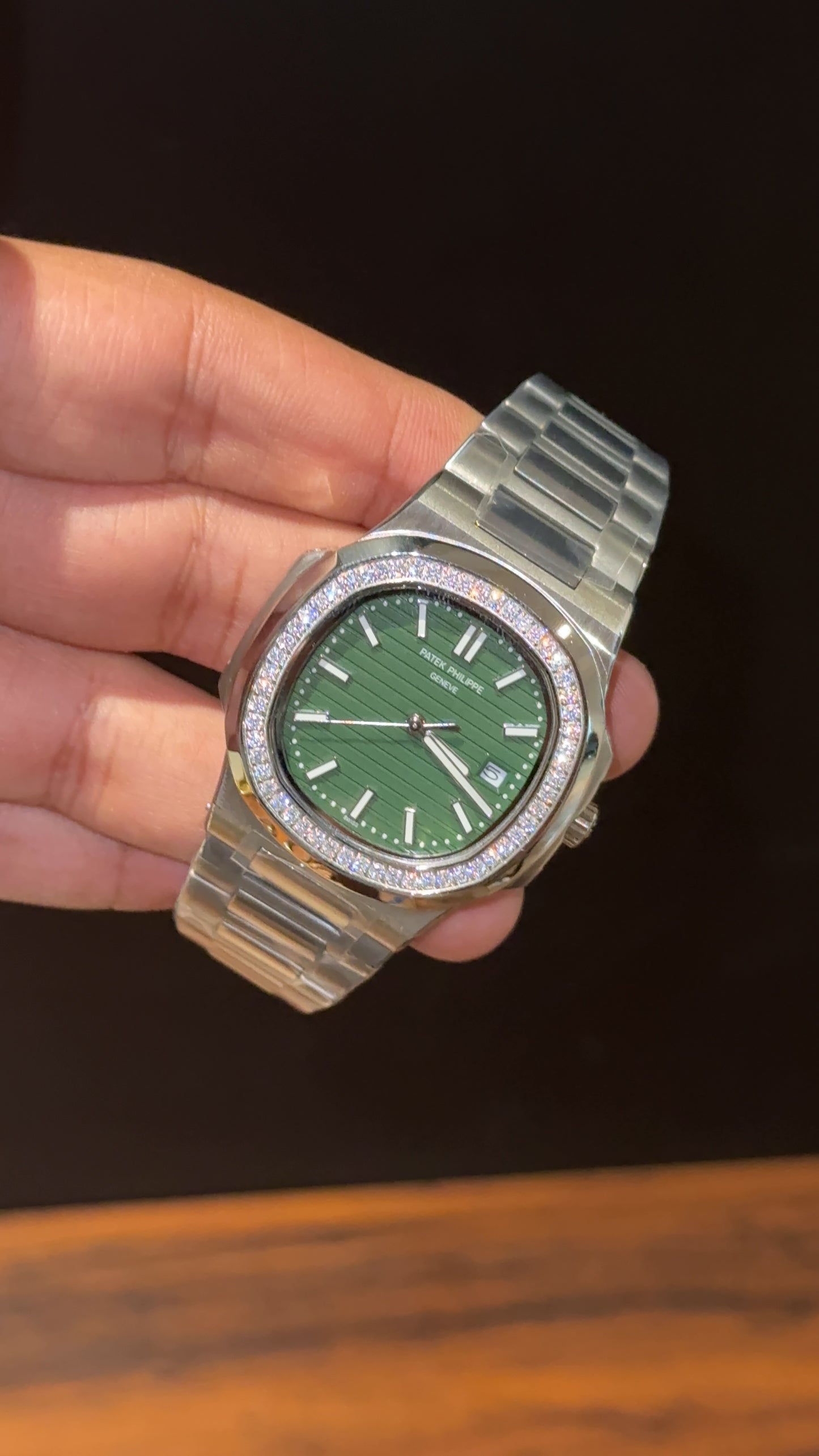 Pp Auto | Silver Chain | Silver Diamond Bezel | Green Dial