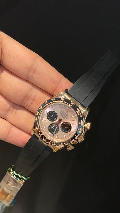 Daytona | Rose | Black Pvc Strap | Chrono | Rose Plain Dial