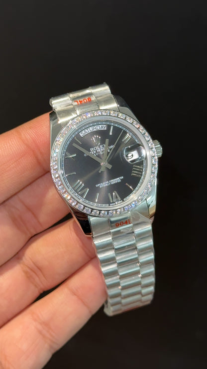 Daydate | 36mm | Silver Chain | Diamond Case | Black Index Dial - twentyfour
