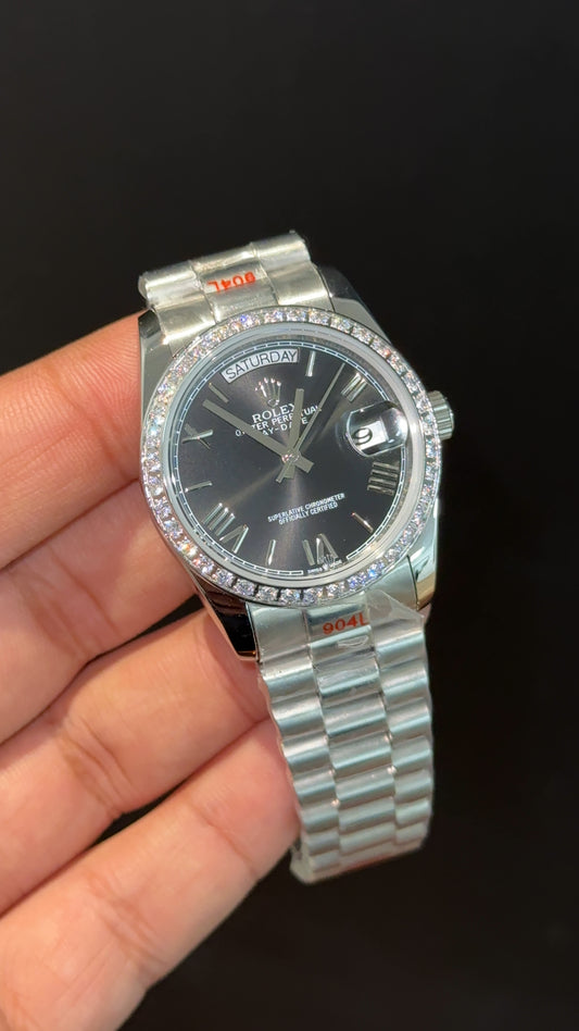Daydate | 36mm | Silver Chain | Diamond Case | Black Index Dial - twentyfour