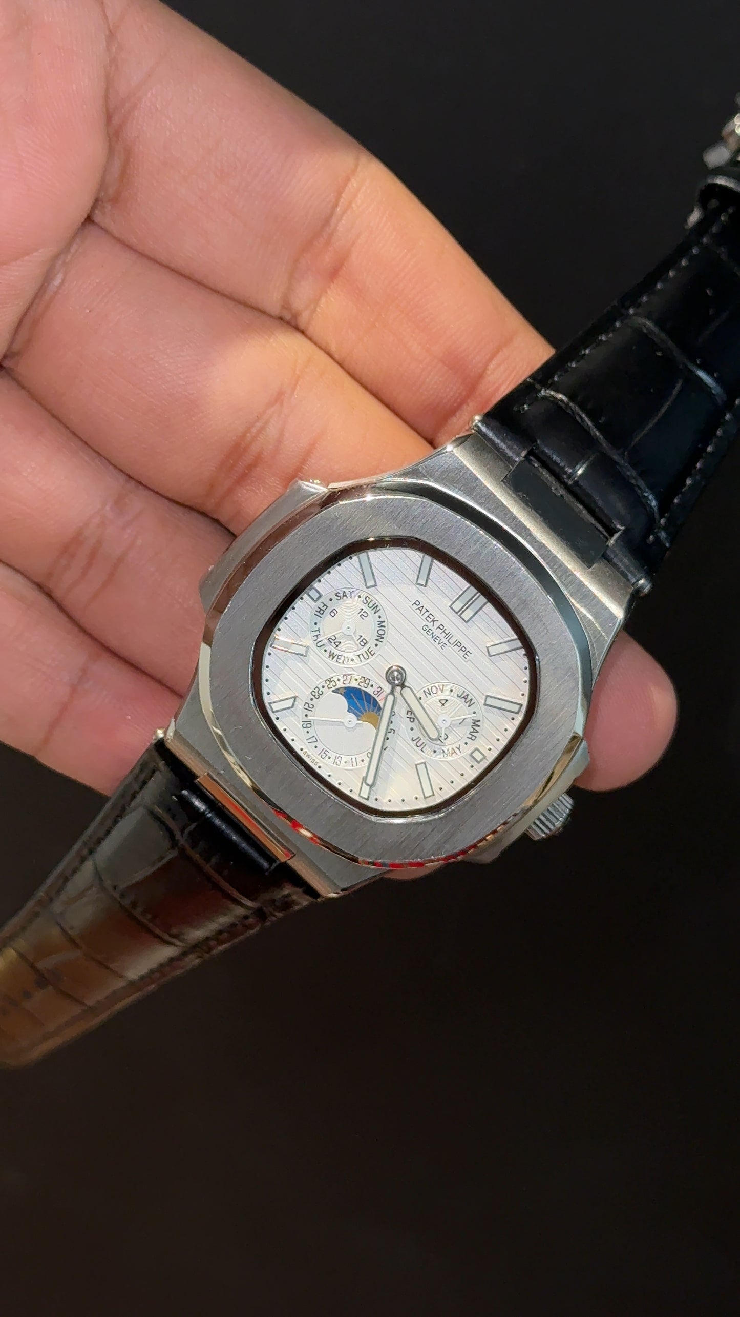 Pp Auto | Moonphase | Chrono | Silver Case | Black Leather Strap | White Dial