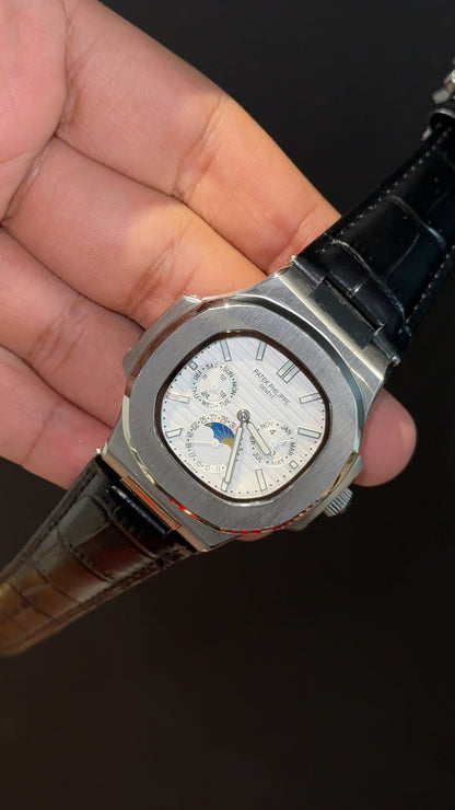 Pp Auto | Moonphase | Chrono | Silver Case | Black Leather Strap | White Dial