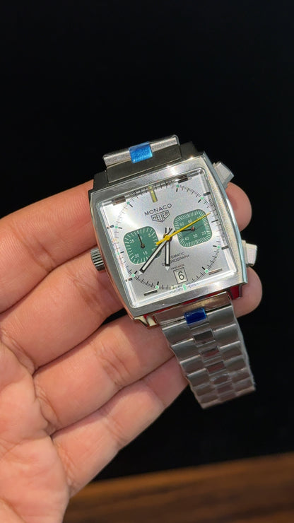 Tag Monaco | Silver Chain | Green Chrono | Silver Dial