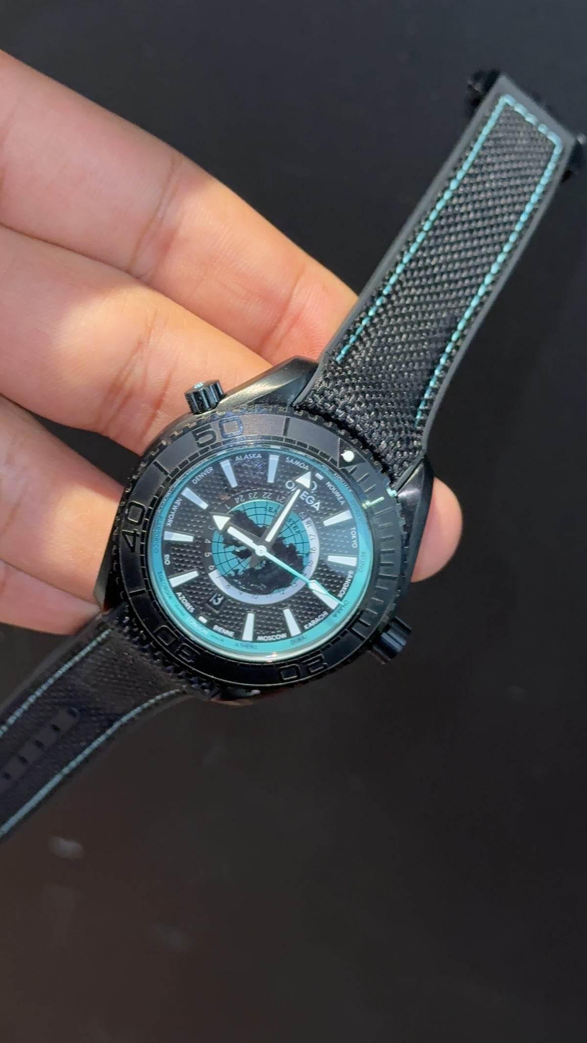 Omega Seamaster | Black Bezel | Bkack Strap | Sky Blue Earth | Black Dial