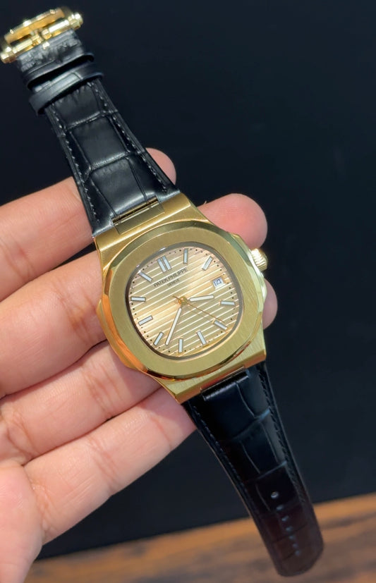 Pp Auto | Black Leather Strap | Gold Case | Gold Dial
